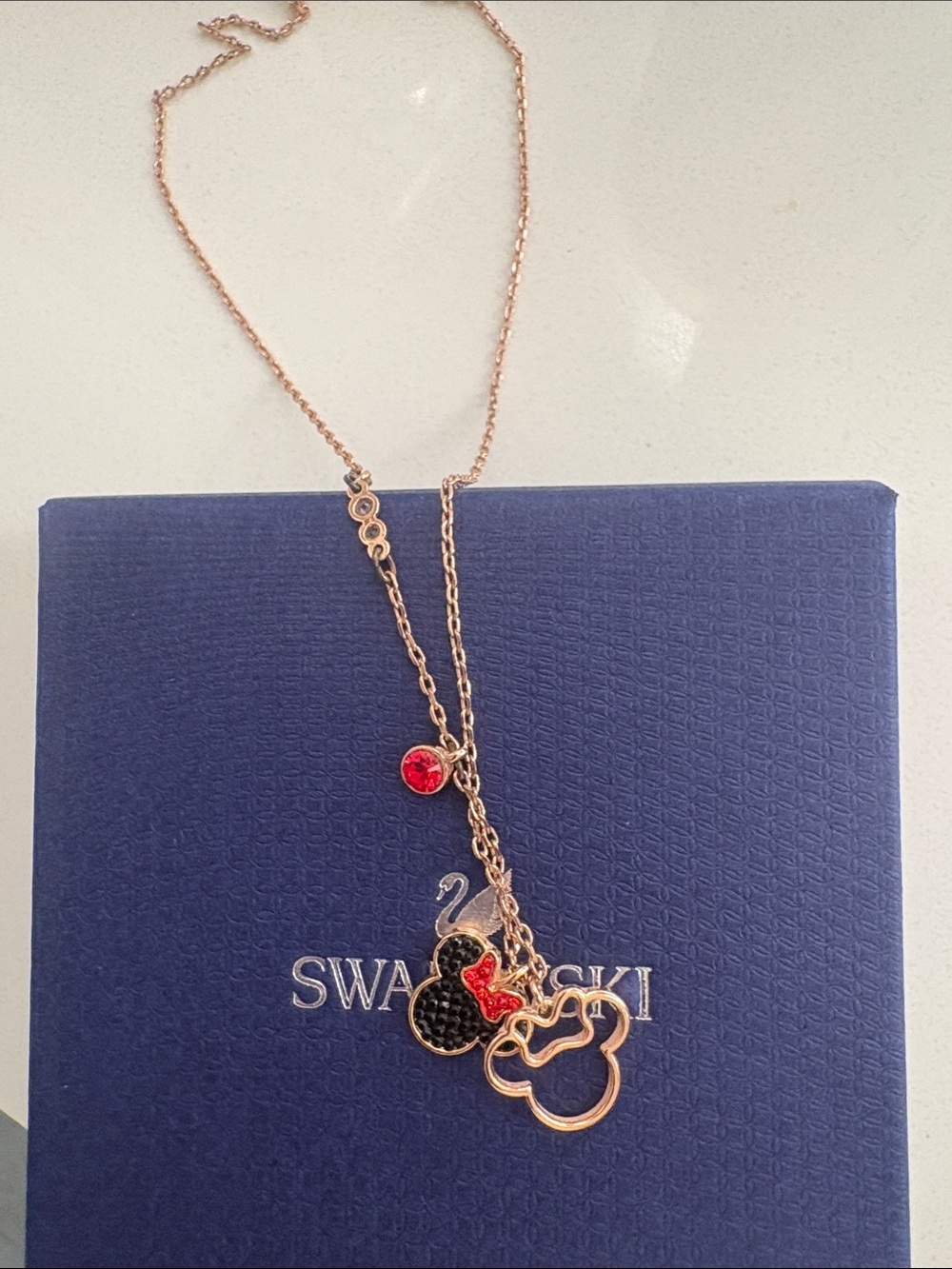 Swarovski Rose Gold Minnie Mouse Necklace with Black Pavé and Red Accent